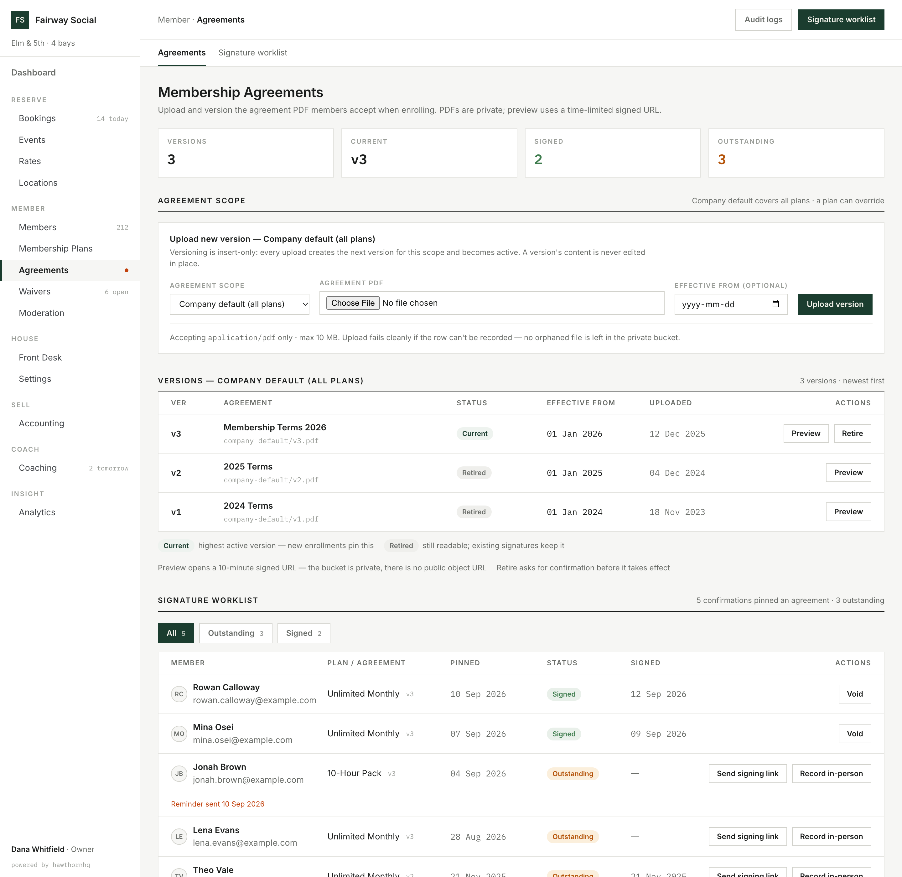 Membership agreements screen: version history and a signature worklist with signed and outstanding states