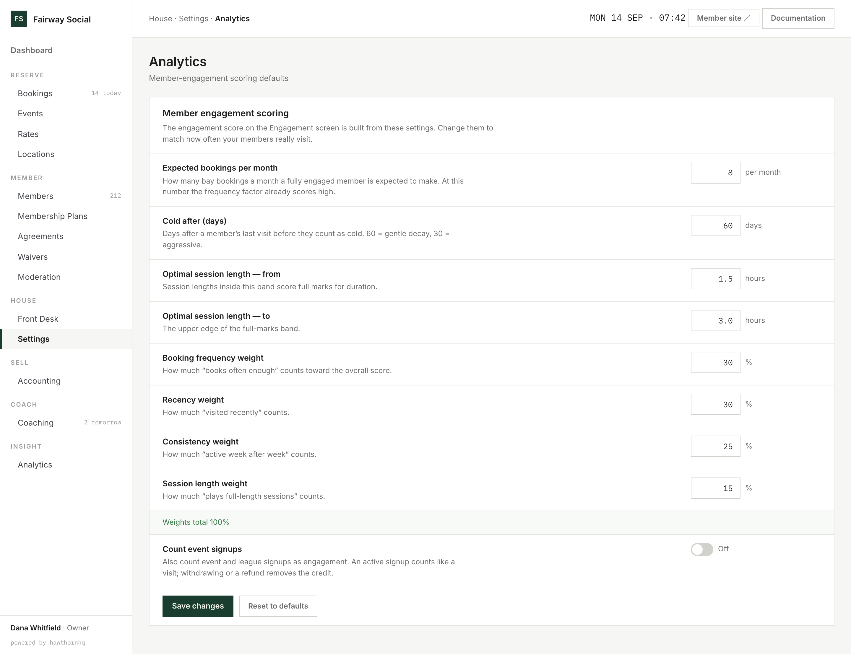 HawthornHQ analytics settings: engagement scoring thresholds, factor weights and event signups