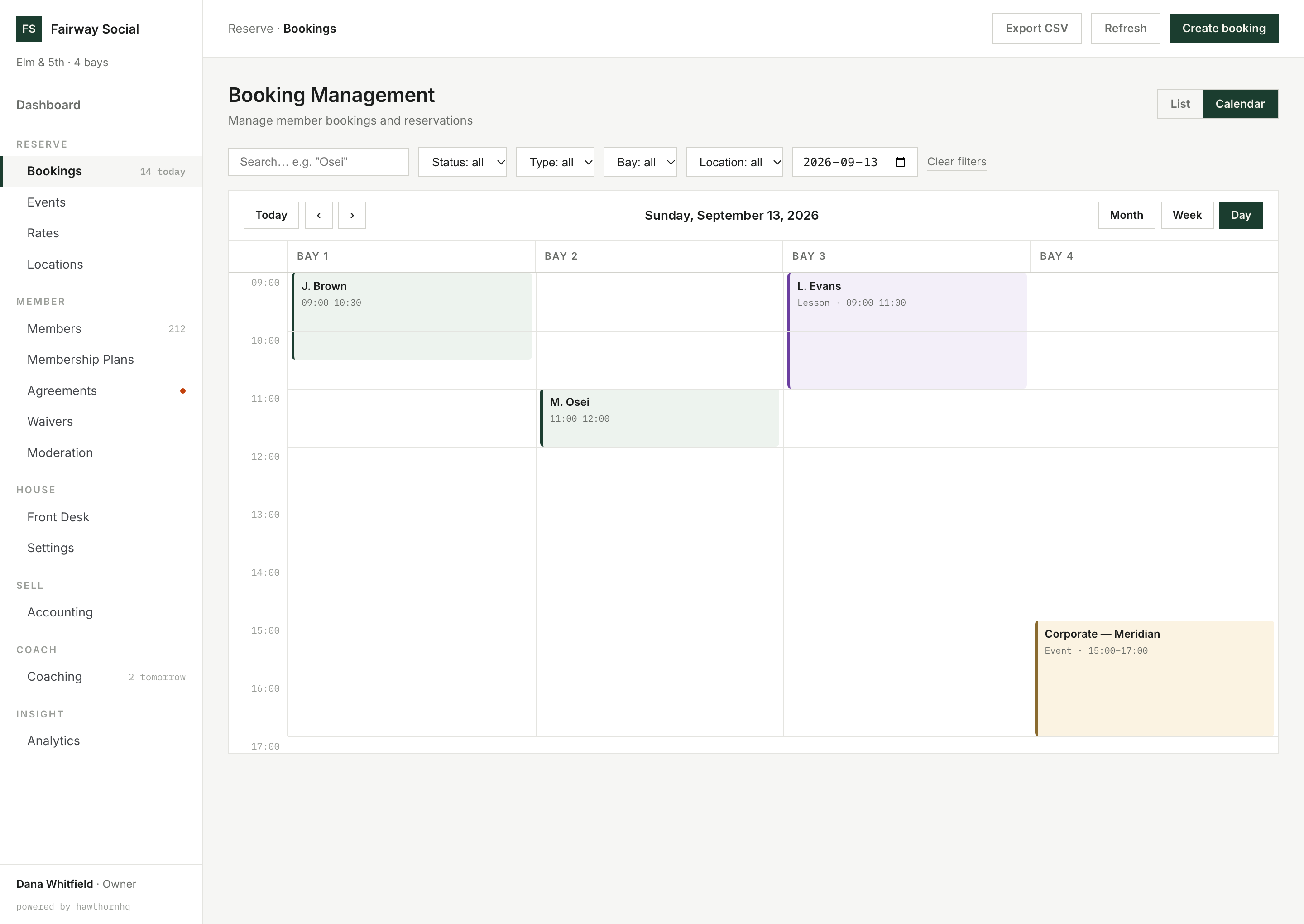 HawthornHQ bookings calendar with a coaching lesson block holding a bay between regular bookings