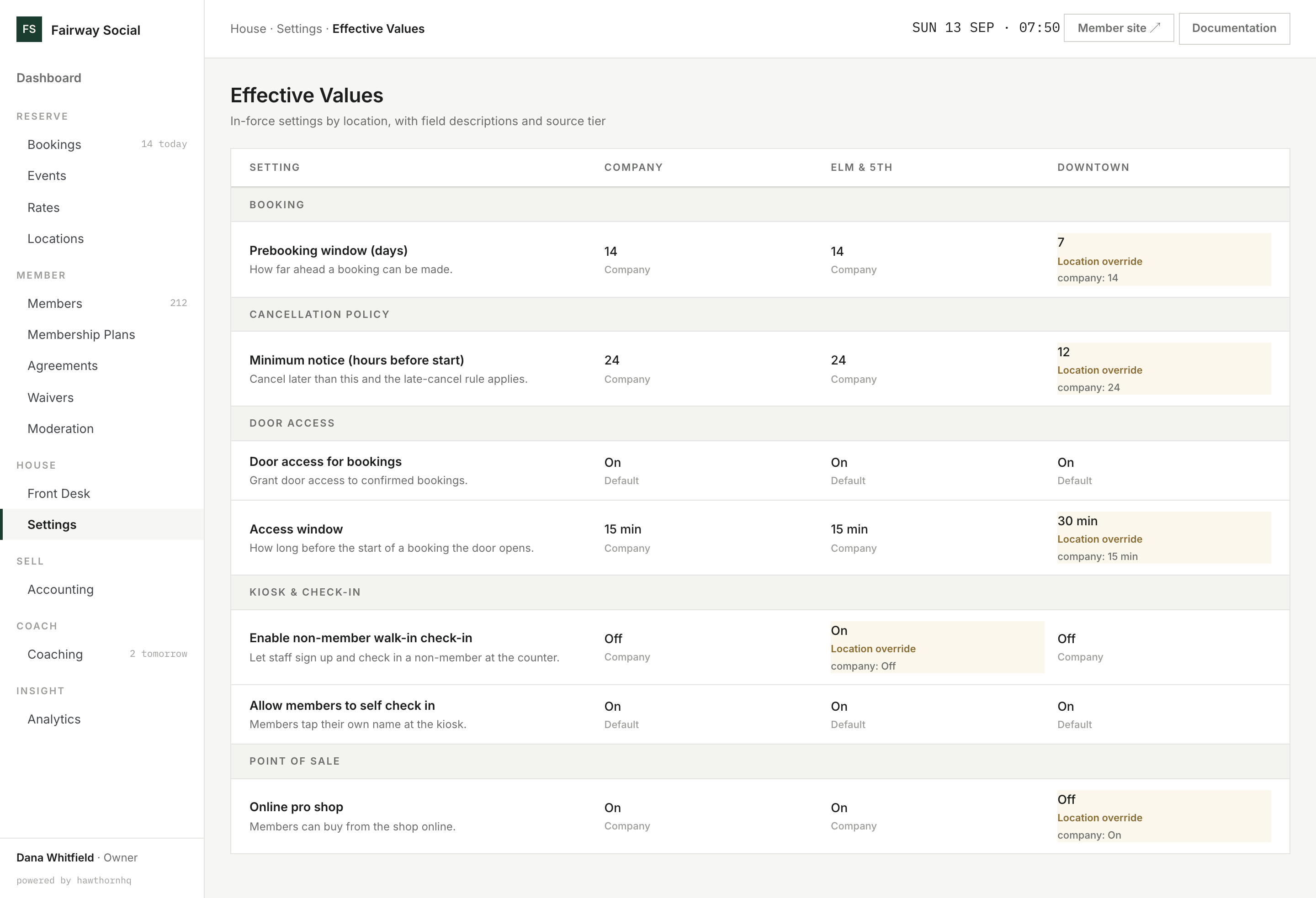 HawthornHQ effective values: settings for the company and each location side by side, with overrides marked