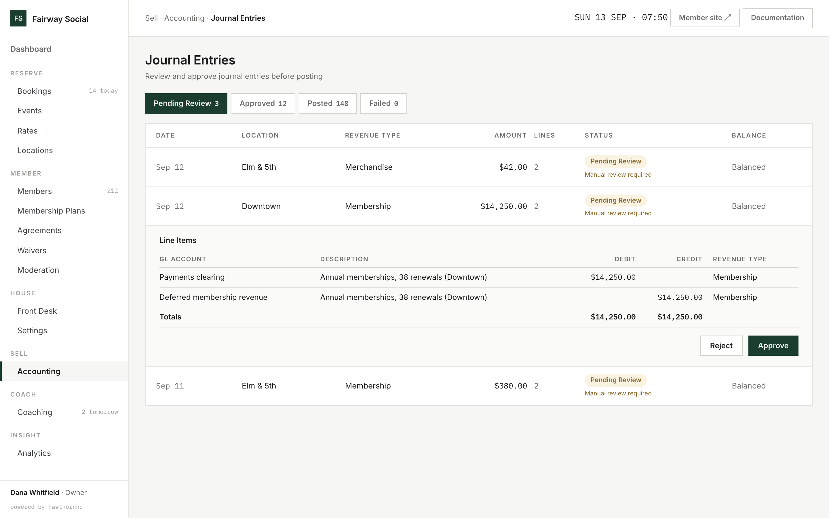HawthornHQ journal entries: pending review tab with one entry expanded to show debit and credit lines and Approve and Reject buttons