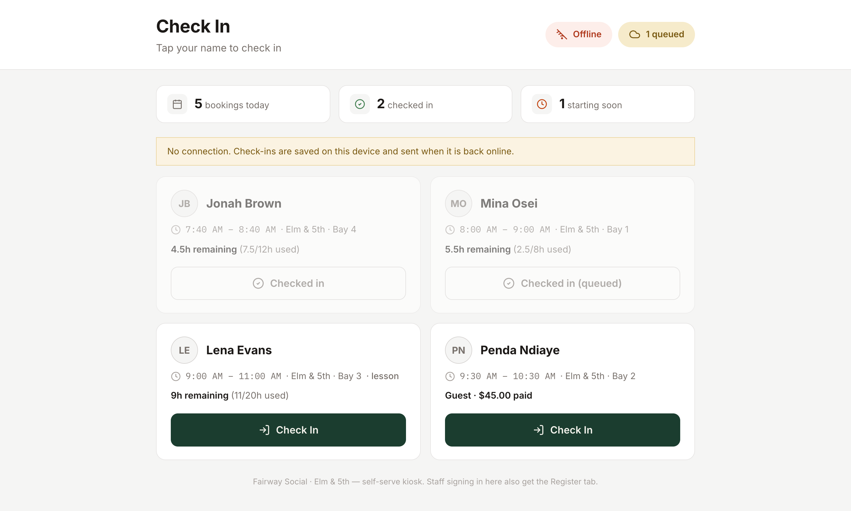 HawthornHQ kiosk offline: an Offline marker, one queued check-in and a banner explaining that check-ins are saved on the device