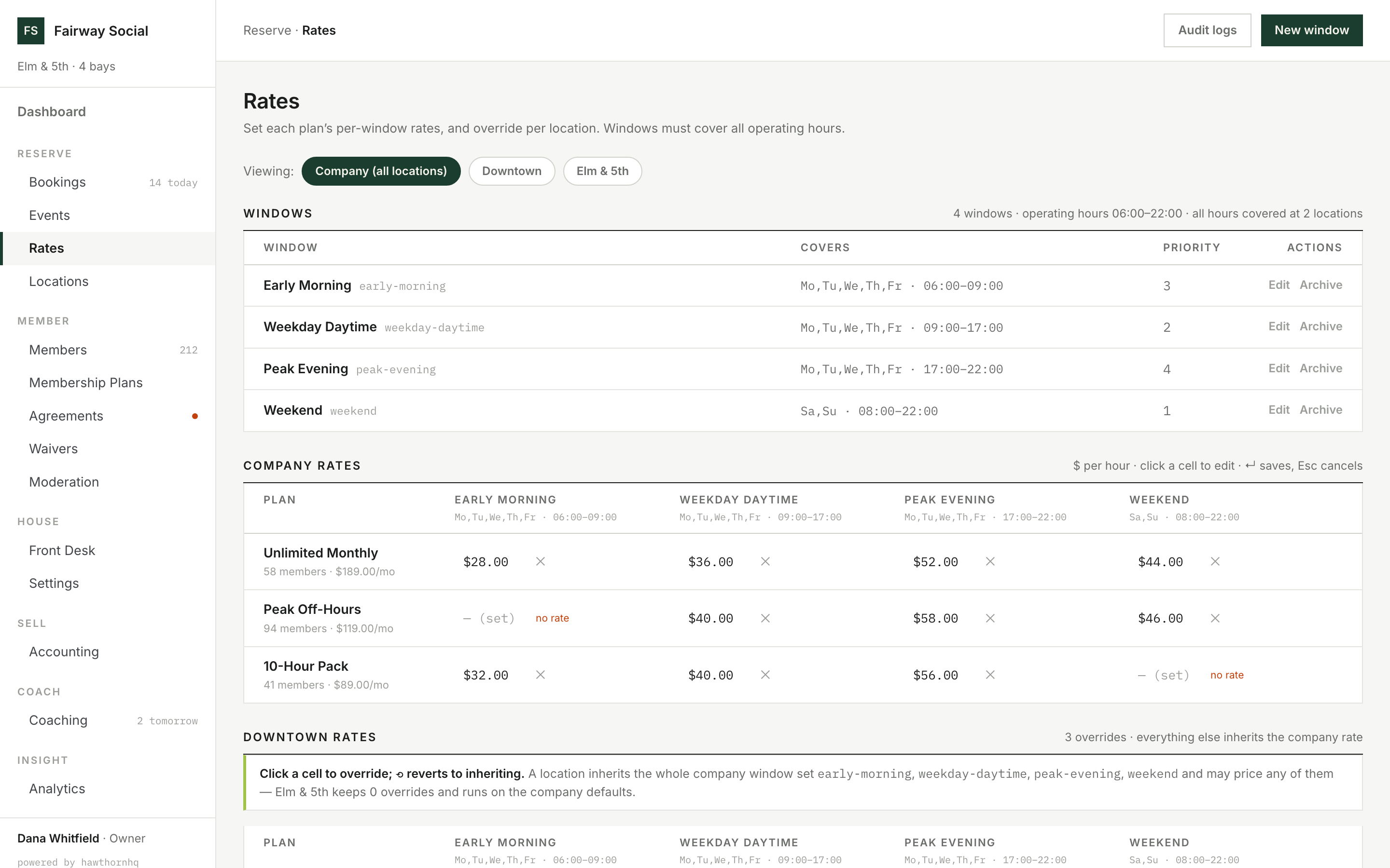HawthornHQ rates screen: price windows and a grid of membership plans by window with per-hour rates