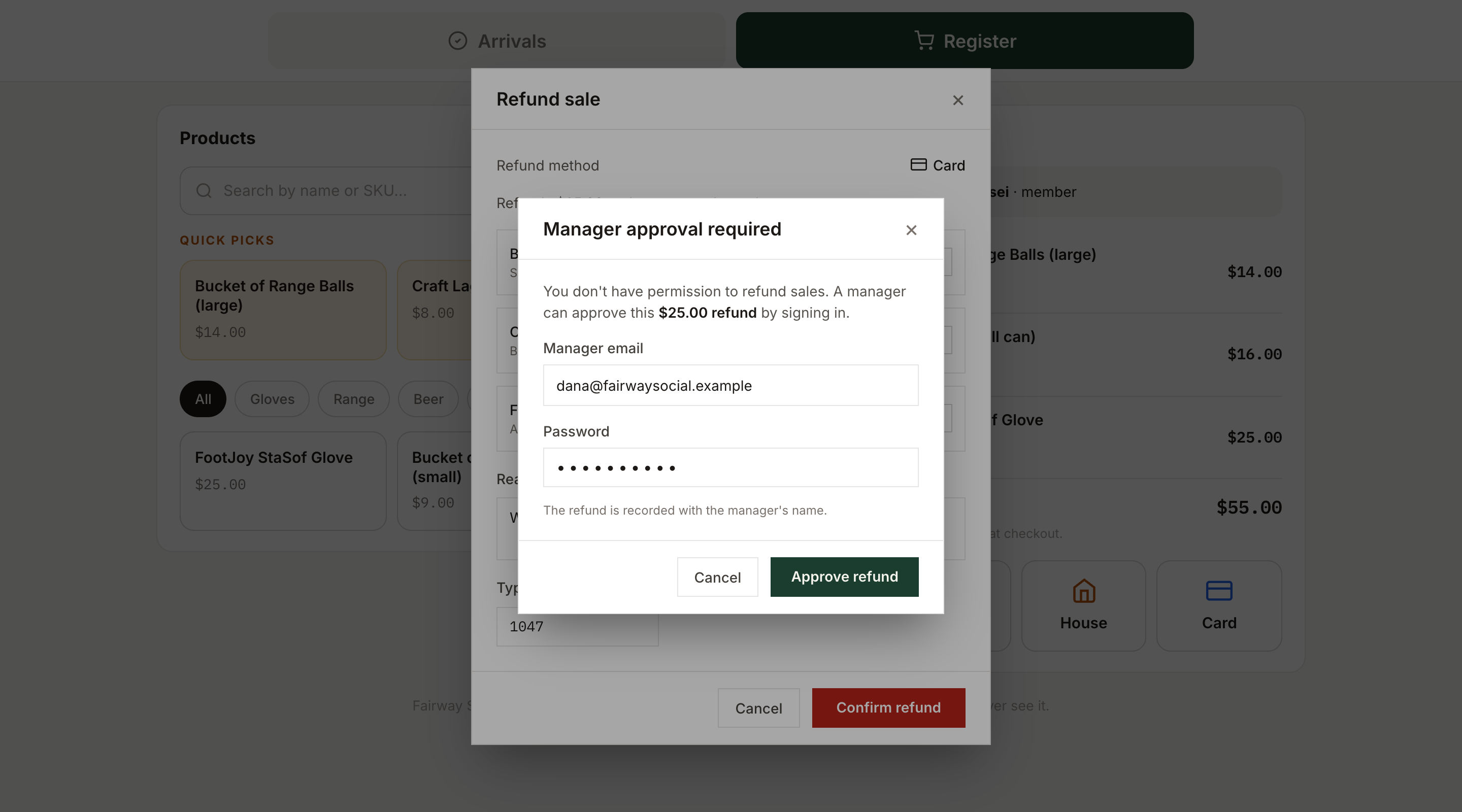 HawthornHQ refund dialog with a Manager approval required window asking for a manager's email and password