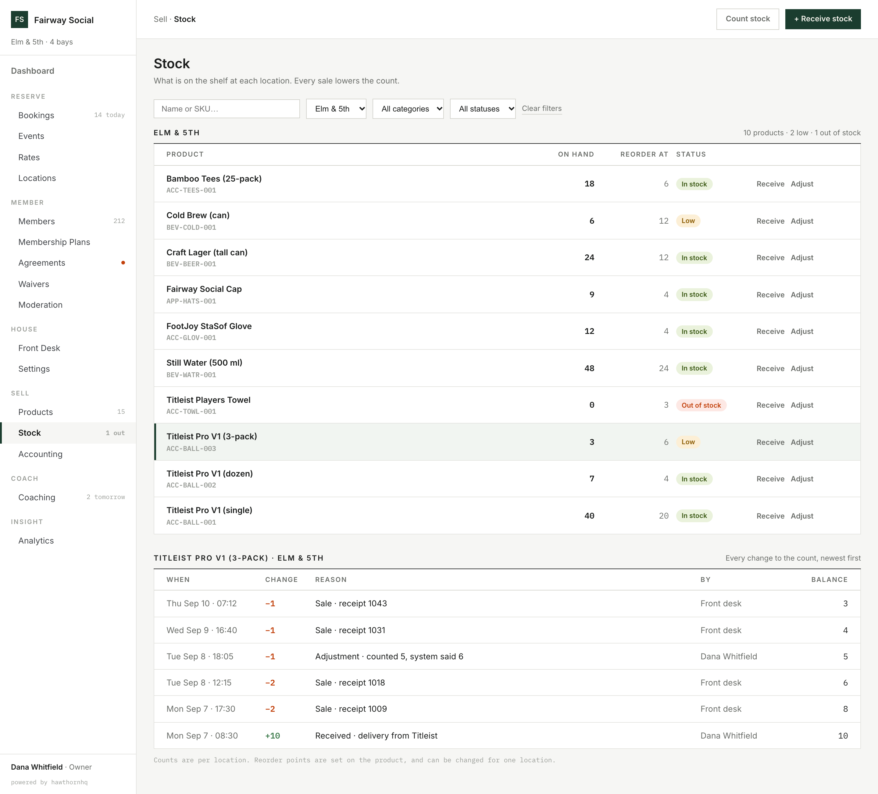HawthornHQ Stock page: on-hand counts with reorder points and status, and a list of changes to one product's count