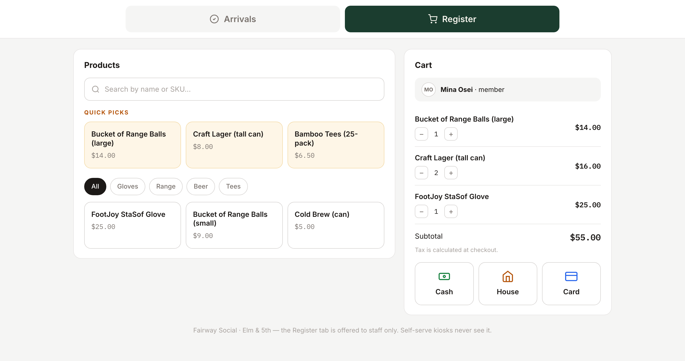HawthornHQ register: product pane with quick picks and a cart with cash, house account and card tenders