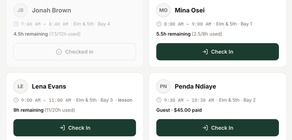 Kiosk arrival cards with large Check In buttons