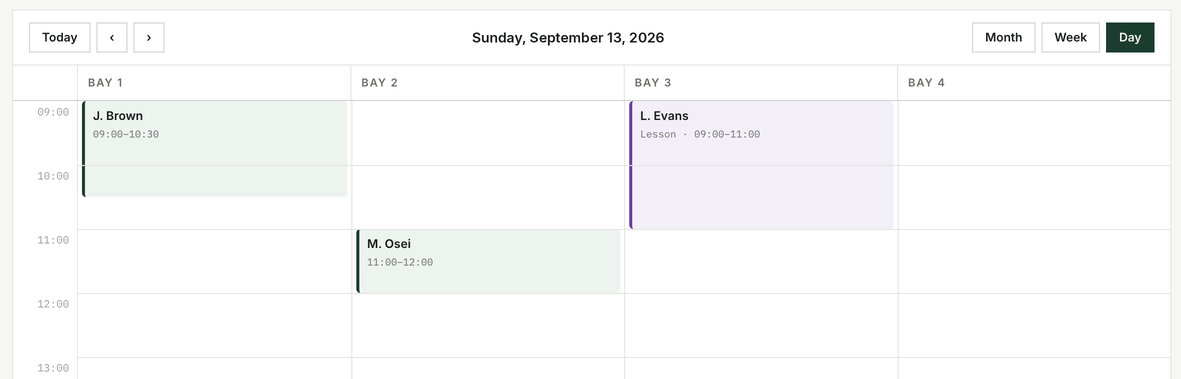 Calendar day grid with a lesson block in the Bay 3 column
