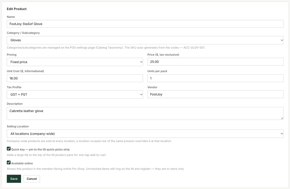 Product editor with price, tax profile and quick key
