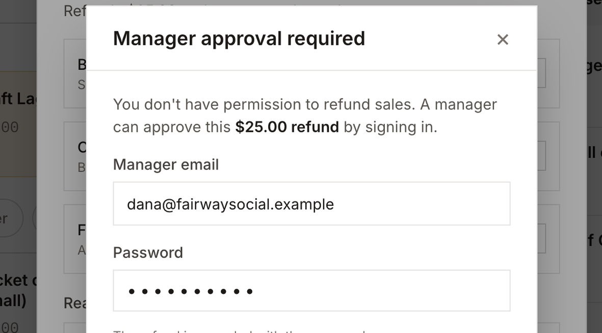 Manager approval window with email and password fields