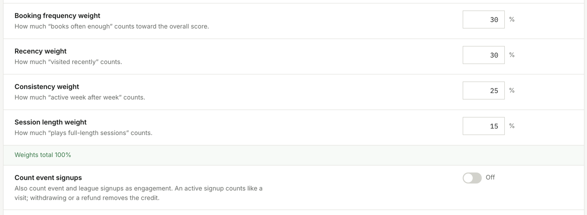 Engagement scoring weights and event signups switch