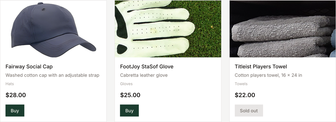 Pro Shop cards, one marked Sold out