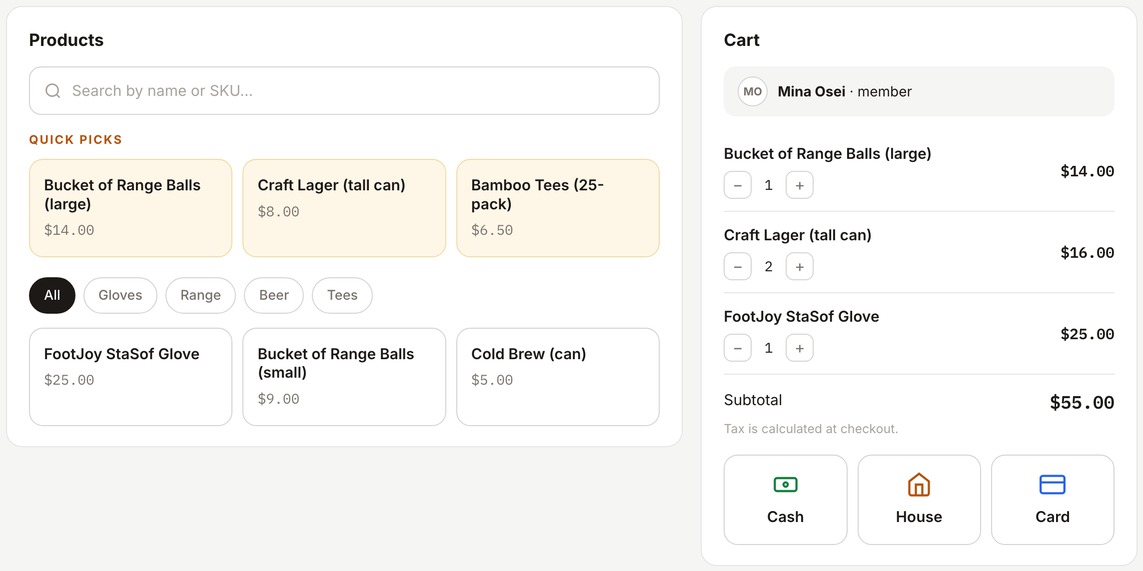 Register cart with Cash, House and Card buttons